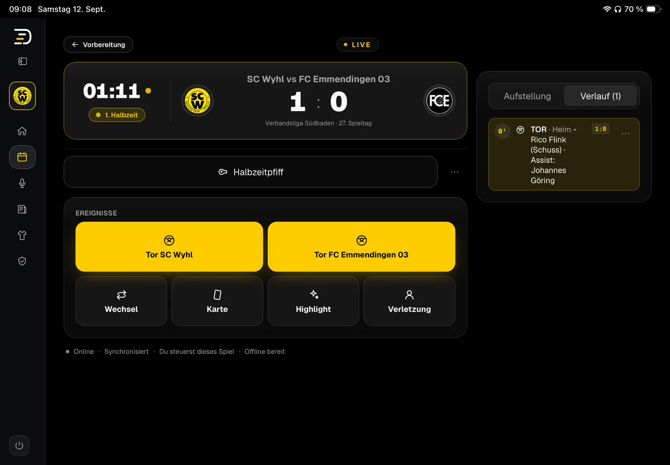 MatchDeck Live-Arbeitsfläche beim 1 zu 0 des SC Wyhl gegen FC Emmendingen 03 mit Spielzeit, Ereignissen und Spielverlauf.