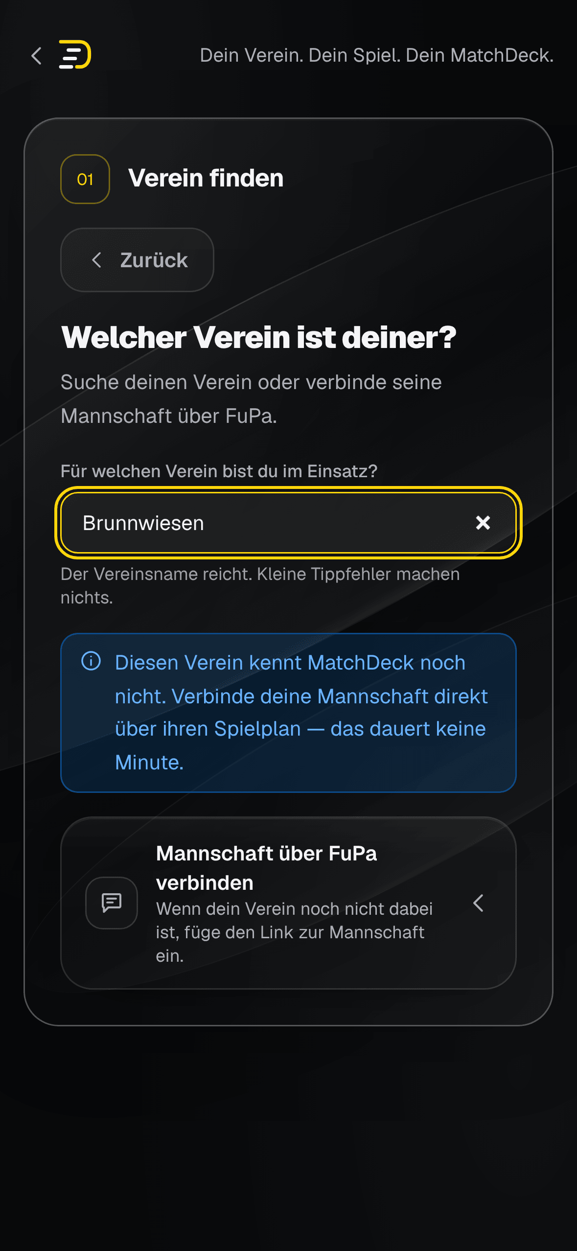 Vereinssuche auf dem iPhone: Für Brunnwiesen gibt es keinen Treffer, MatchDeck bietet an, die Mannschaft über ihren Spielplan-Link zu verbinden.