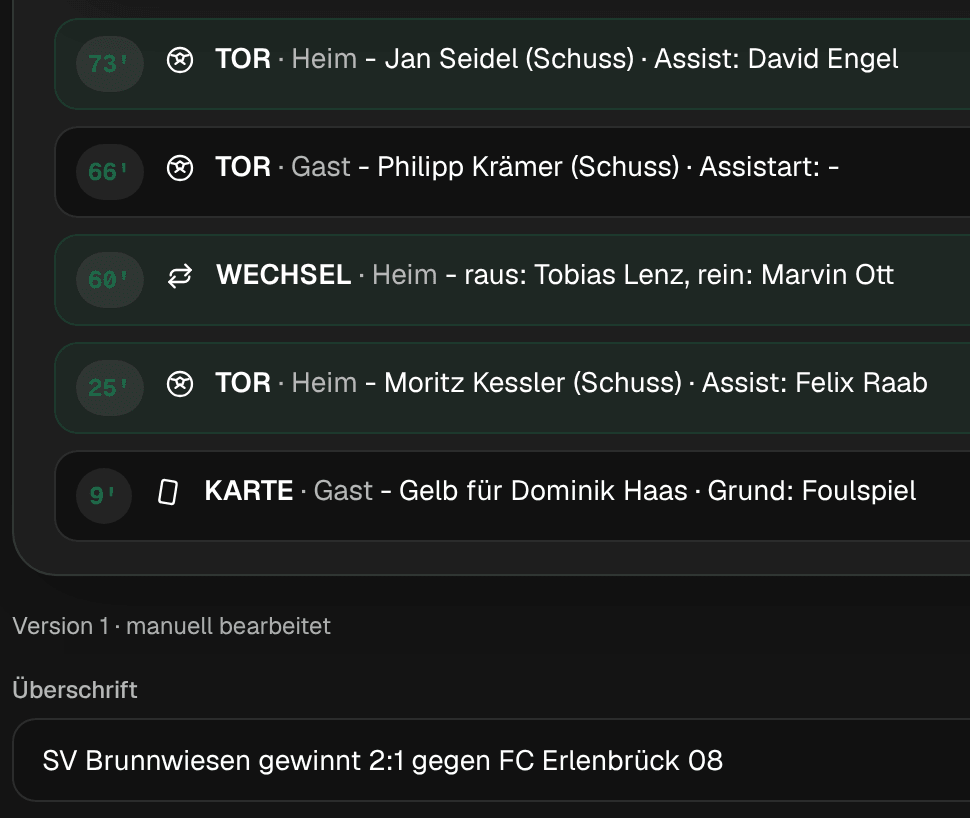 PressDesk nach dem Abpfiff: Spielverlauf mit fünf Ereignissen, darunter die Überschrift des selbst geschriebenen Berichts „SV Brunnwiesen gewinnt 2:1 gegen FC Erlenbrück 08“.