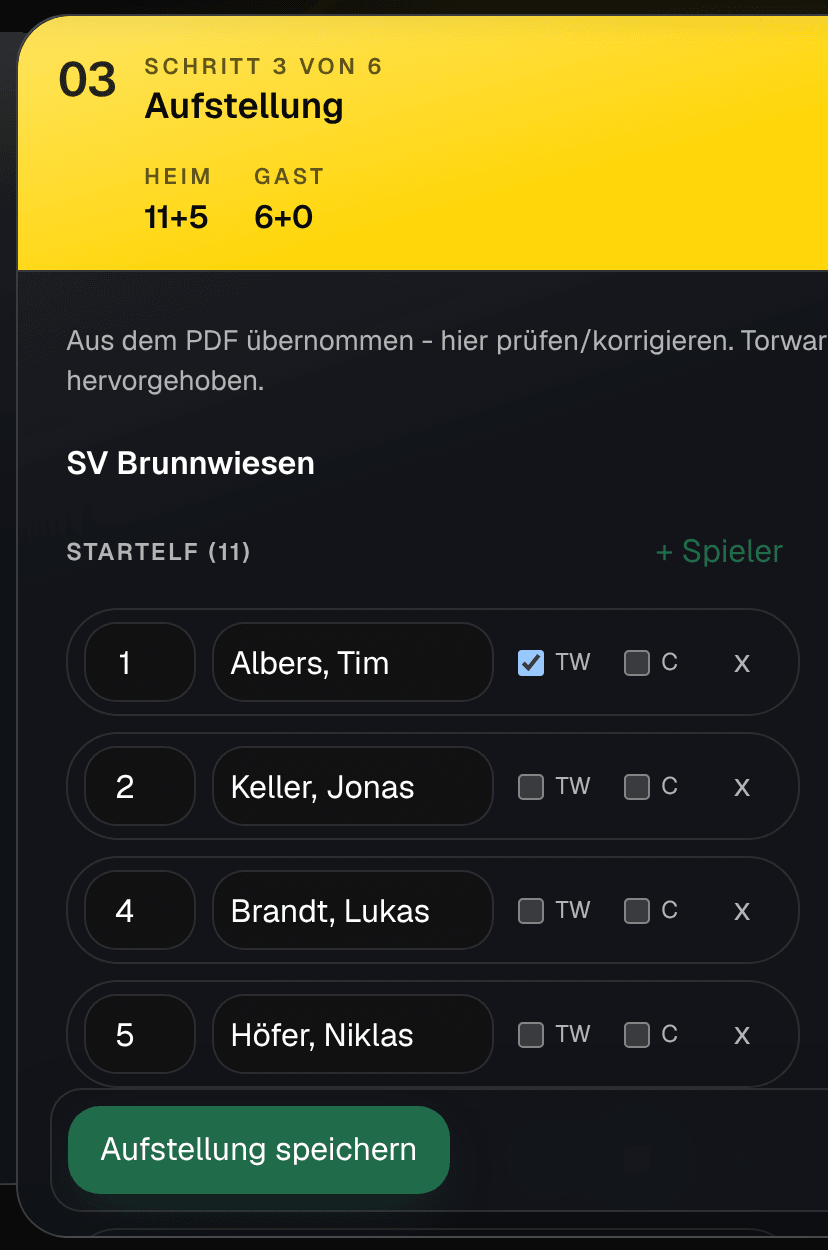 Spielvorbereitung als Kartendeck: Schritt 3 von 6, die Aufstellung mit der Startelf von SV Brunnwiesen.