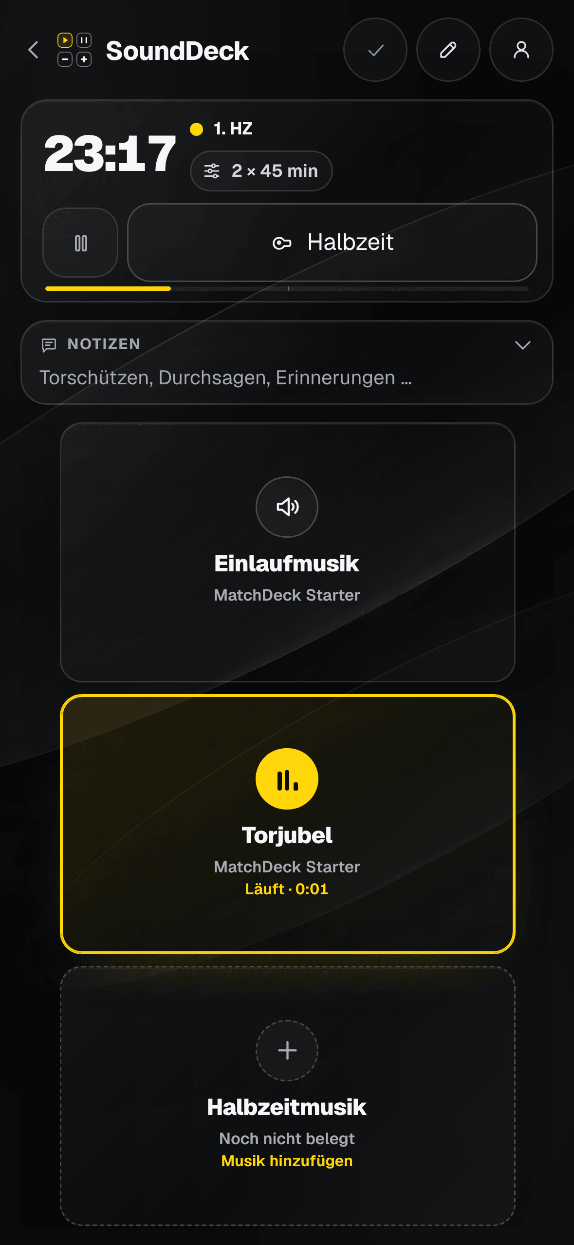 SoundDeck während des Spiels: Spielzeit 23:17 in der 1. Halbzeit, die Kachel Torjubel läuft.