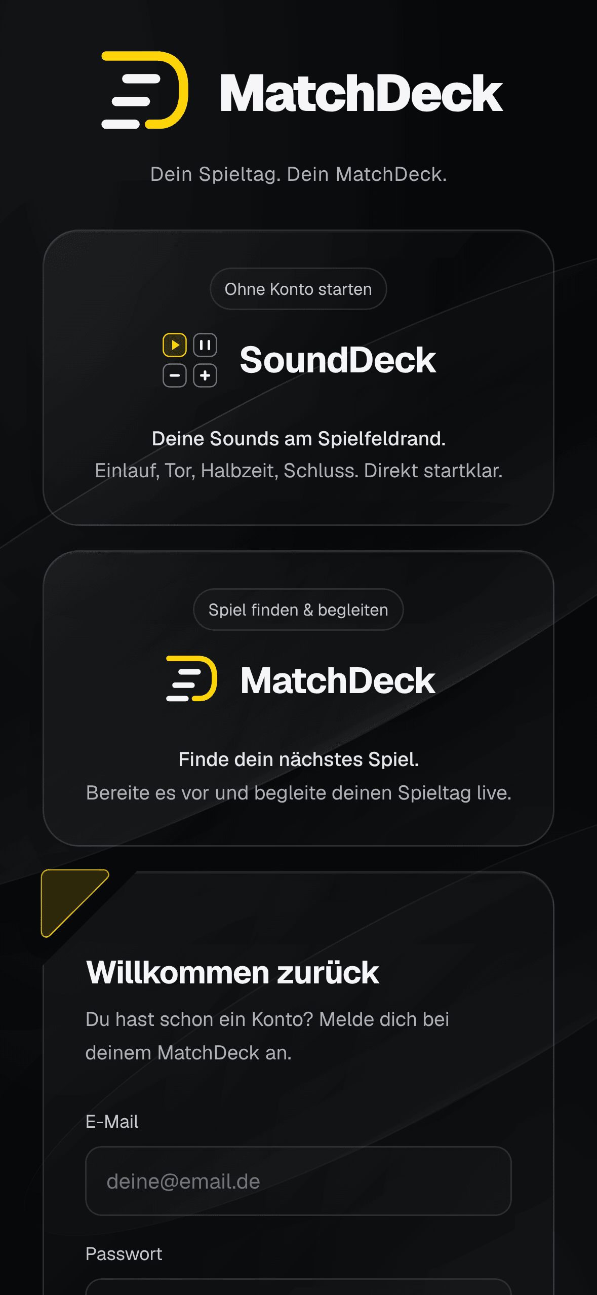 Einstieg in die App auf dem iPhone: SoundDeck ohne Konto starten oder mit MatchDeck das nächste Spiel finden.