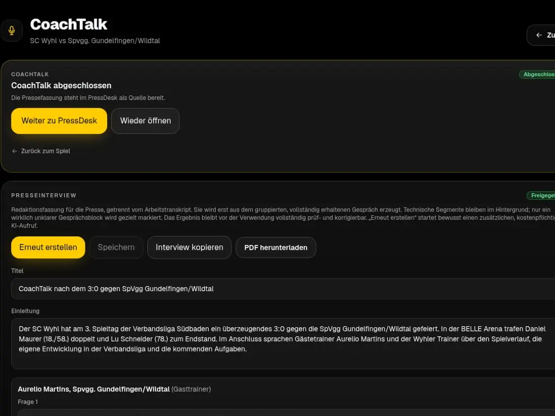 Freigegebenes MatchDeck CoachTalk-Presseinterview des SC Wyhl mit Einleitung und aufbereiteten Fragen.