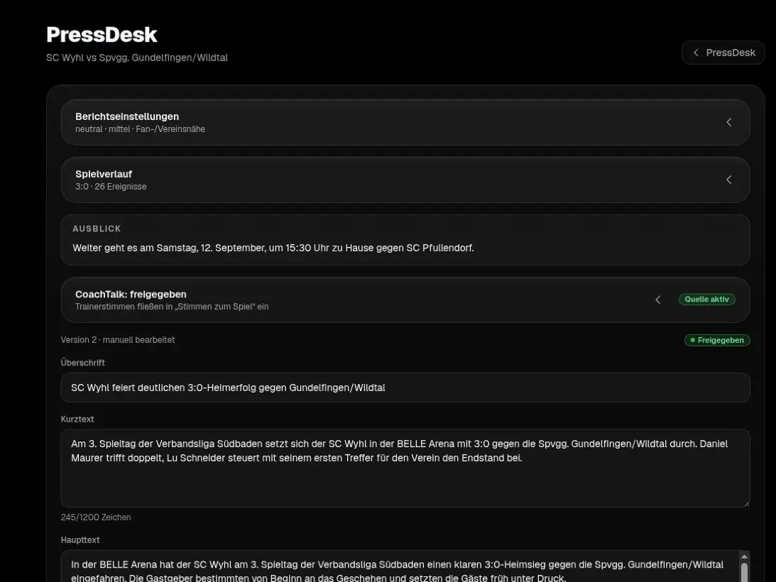 Freigegebener Spielbericht des SC Wyhl im MatchDeck PressDesk mit Überschrift, Kurztext und Haupttext.