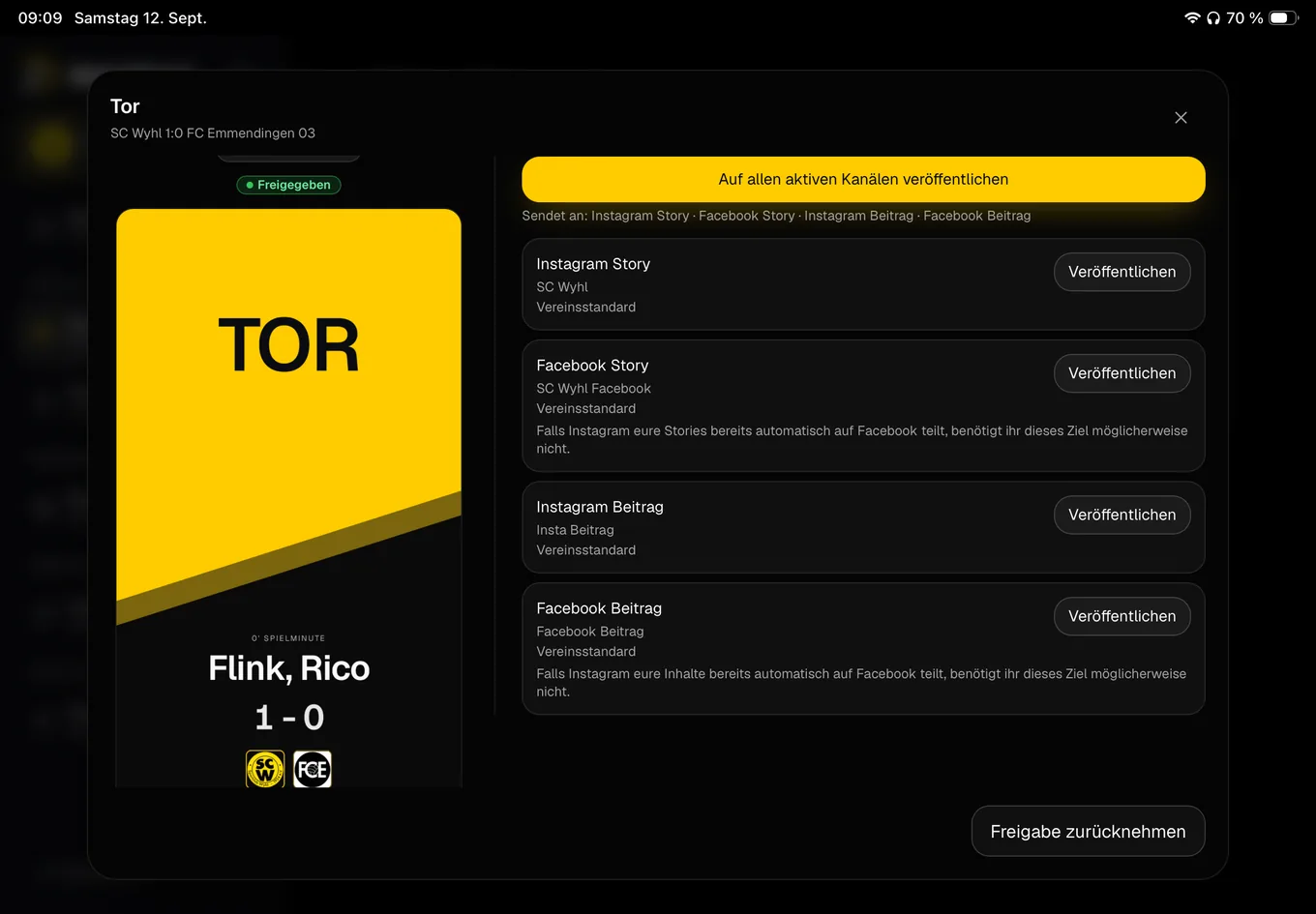 Freigegebener MatchDeck Beitrag zum Tor des SC Wyhl mit den vier Kanälen Instagram Story, Facebook Story, Instagram Beitrag und Facebook Beitrag.