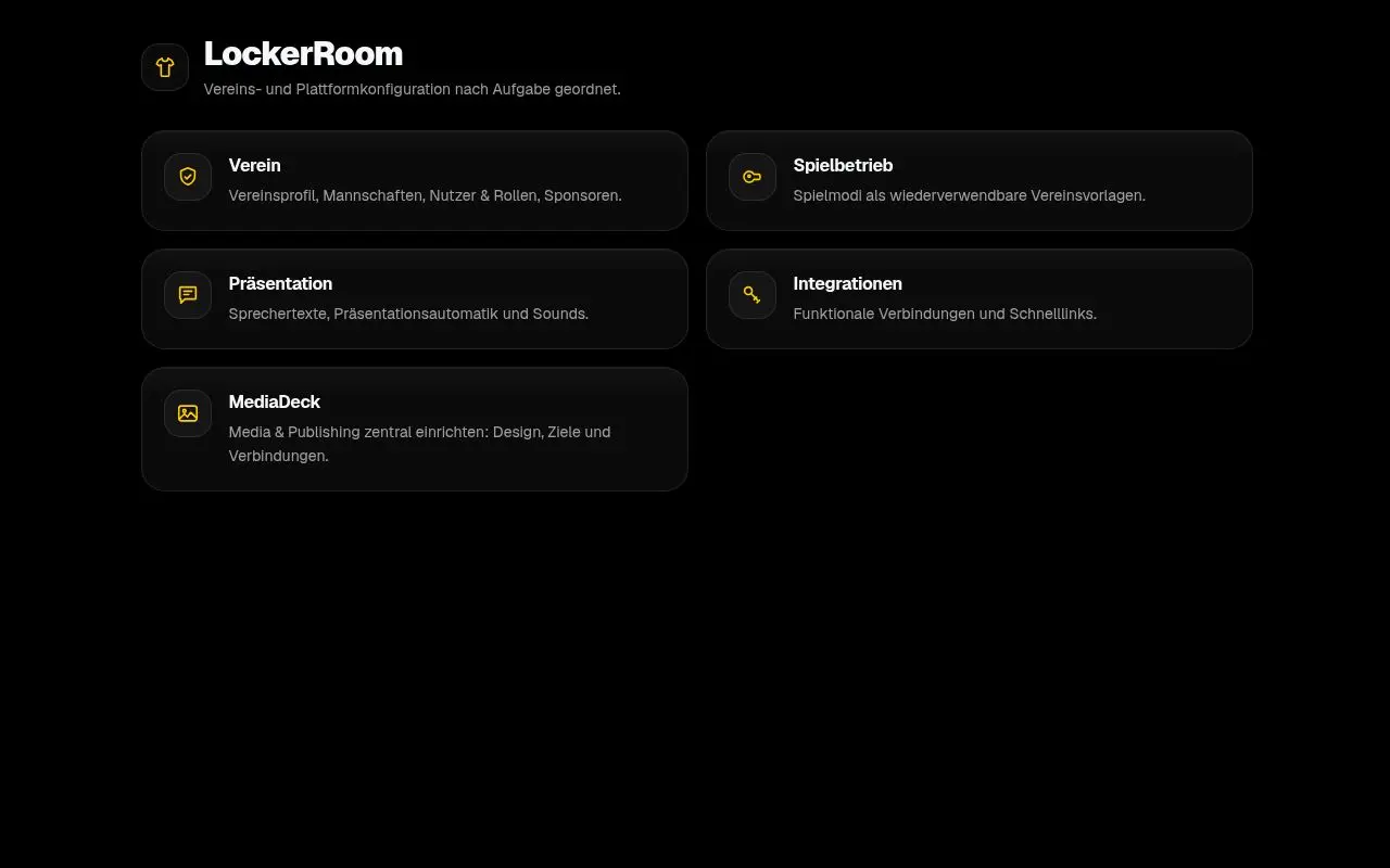MatchDeck LockerRoom des SC Wyhl mit den Bereichen Verein, Spielbetrieb, Präsentation, Integrationen und MediaDeck.
